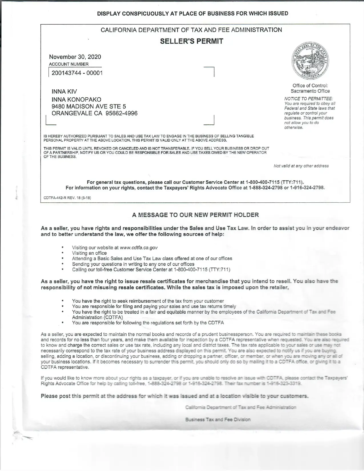 Seller's Permit - State of California