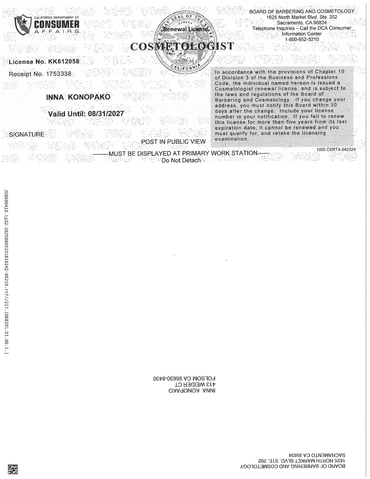 Professional License Certificate